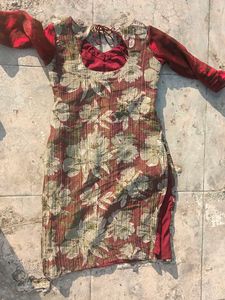 Vibrant Floral Print Kurta with Red Sleeves