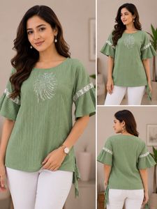 Green Bell Sleeve Embroidered Top