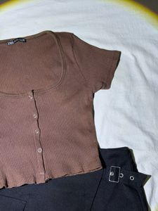 Brown Ribbed Button-Up Crop Top