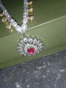 Elegant Pearl Necklace with Ruby Pendant