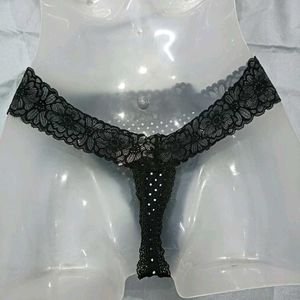 😍 Black Polka Dot Thong with Lace Trim