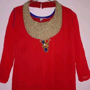 Elegant Red Designer Kurta with Pearl Embellished