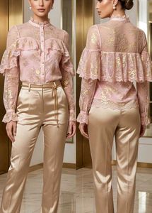 Elegant Pink Lace Blouse with Gold Accents