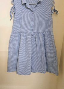 Blue Striped Dress with Tie Sleeves