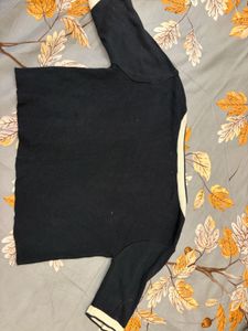 Navy Cropped Knit Top with White Trim