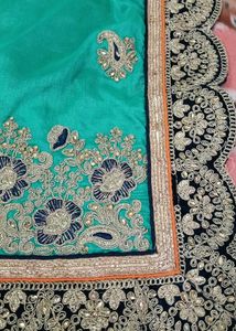 Elegant Turquoise Embroidered Saree Jari work, pea