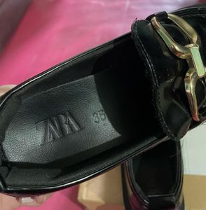 ZARA Black Loafers with Gold Buckle