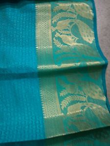 Blue Striped Silk Saree with Gold Border