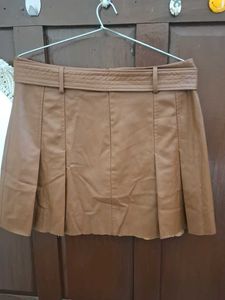 Brown Faux Leather Skirt with Belt