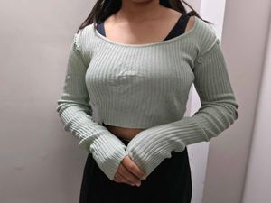 Sage Green Ribbed detachable Sleeve Top