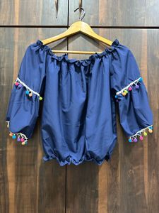 Blue Off-Shoulder Pom-Pom Top