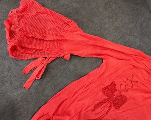 Red Embellished Bow Long Sleeve Top