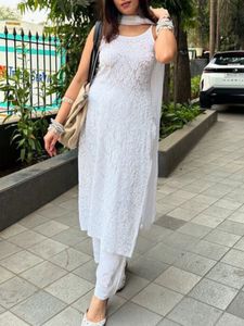 white chikankari kurti set