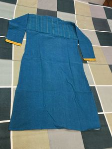 Teal Blue Kurta with Yellow Neckline