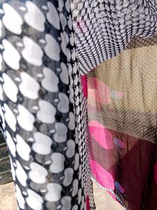 Black &amp; White Printed Saree with Pink Detail