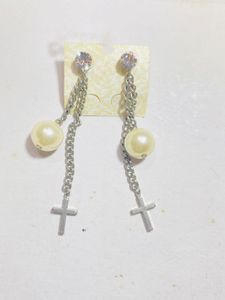 Dangle Earrings - Silver Chain, Pearl, Cross