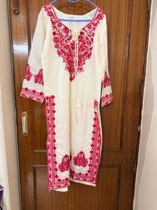 Cream &amp; Red Embroidered Kurta Set