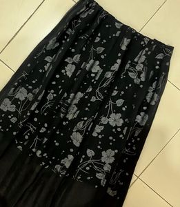 Black Floral Print Double Layered Midi Skirt