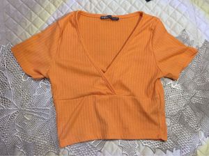 ZARA Orange Ribbed V-Neck Cropped Top