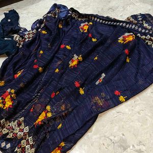 Elegant Navy Blue Floral Saree