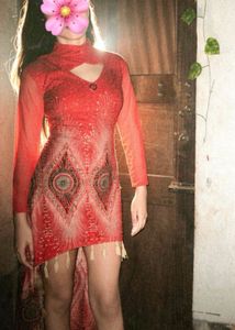Red Printed High-Low Mini Dress