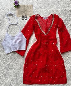 SHEER Red Kurti with White halter Neck Blouse