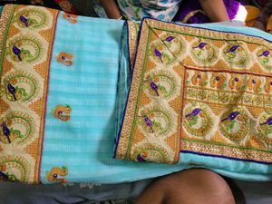 Beautiful Blue Saree with Peacock Embroidery