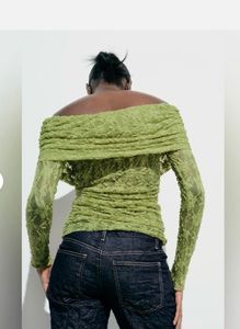 ZARA Lime Green Off-Shoulder Textured Top
