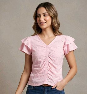 Chic Pink Ruched Eyelet Top