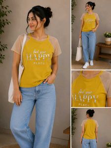 Mustard Graphic Tee with Sheer Mesh Sleeves