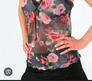 Floral Mesh Cami Top with Lace Trim penty