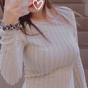 Ribbed Long Sleeve Beige Top