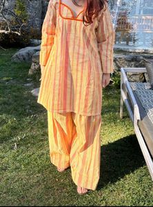 FIXED PRICE Orange Striped Cotton Kurta Set