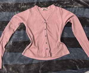 Pink Ribbed Knit Button-Down Top