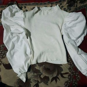 White Puff Sleeve Knit Top