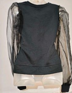 Chic Black Top with Sheer Sleeves