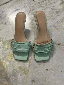 Stylish Mint Green Square Toe Heeled Sandals
