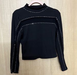 Edgy Black Mock Neck Top with Studded Cut-outs