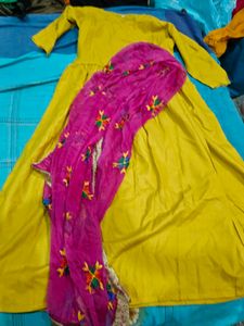 Yellow Kurta with Pink Dupatta