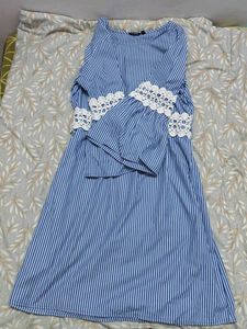 Striped Blue Dress with Lace Detail