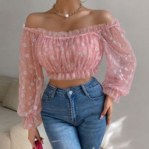 Sheer Daisy Off-Shoulder Crop Top
