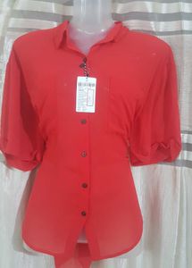 Red Sheer Button-Down Top