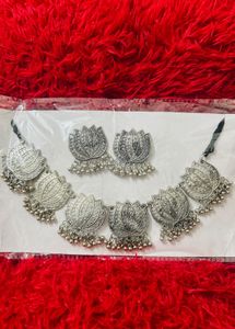 Oxidized Silver Lotus Necklace &amp; Earring Set