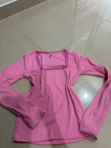 Pink Square Neck Ribbed Top