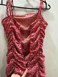 Red Floral Ruched Mini Dress | adjustable straps