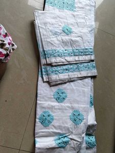 White Dress Material with Blue Embroidery