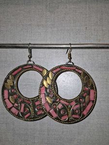 Unique Boho Hoop Earrings with Pink Inlay