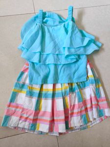 Cute Blue Top &amp; Plaid Skirt Set