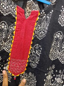 Black Print Kalamkari Dress with Red Trim