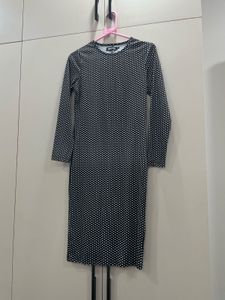 Black &amp; White Polka Dot Print Bodycon Midi Dress